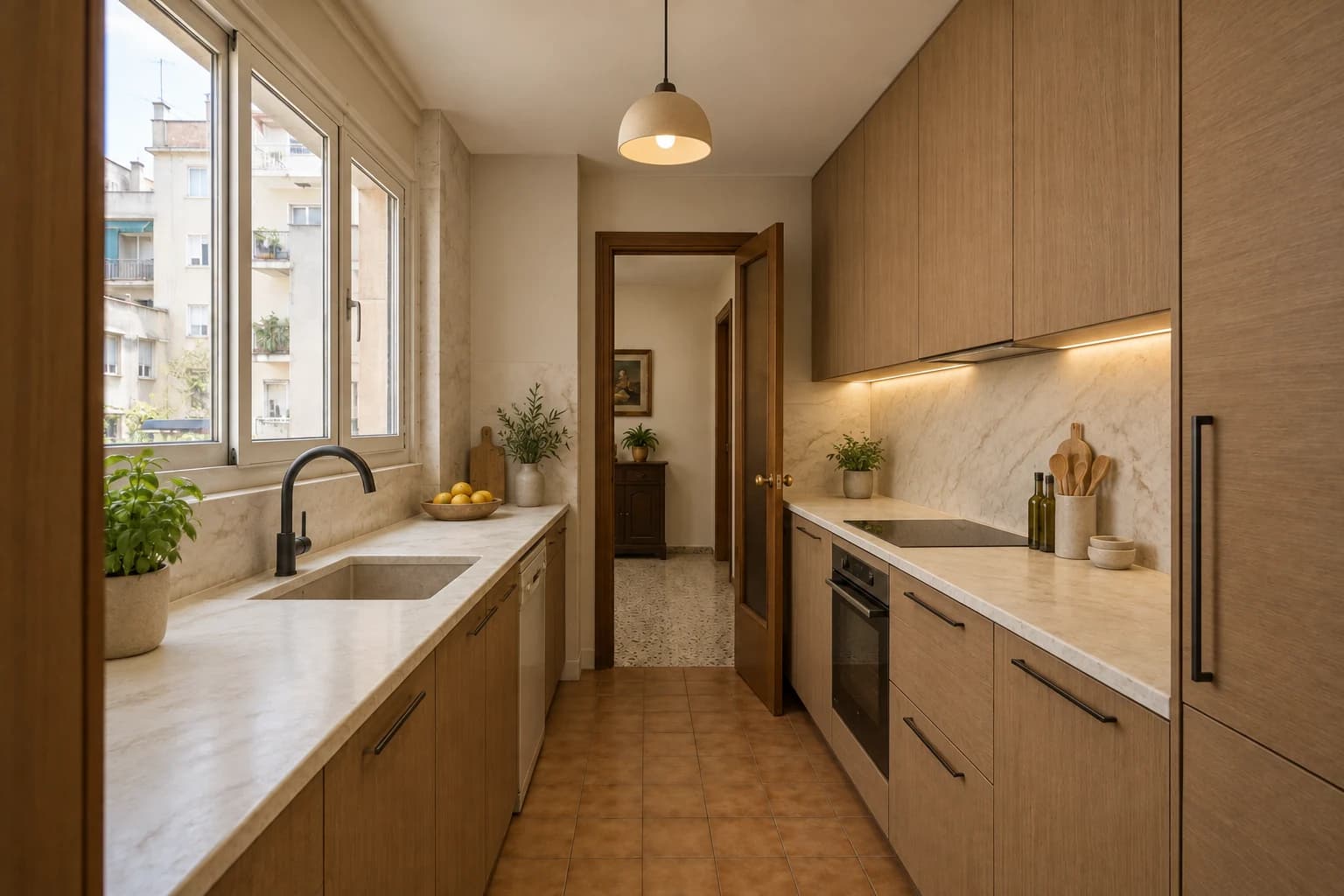 Cocina lineal en roble y piedra